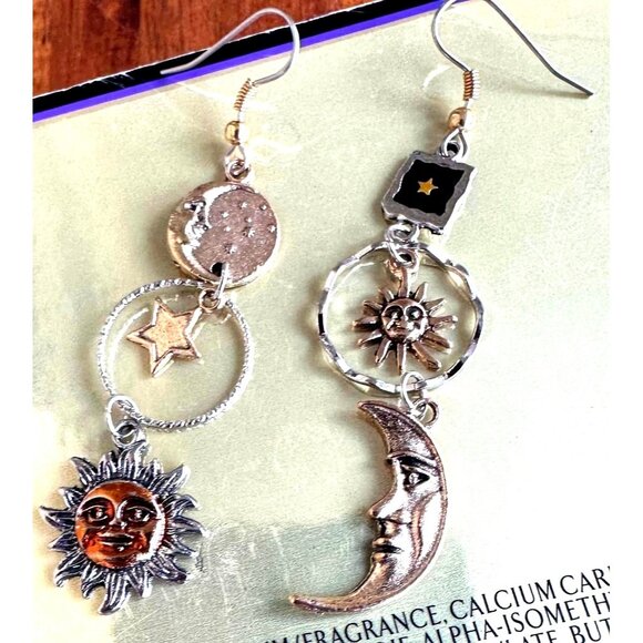 Celestial Sun Moon Stars Earrings Dangle Tarot Halloween Eclectic Mismatched - Picture 3 of 12